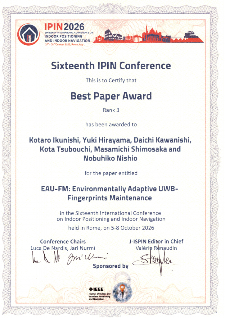 IPIN 2026 Best Paper Award (Rank 3) certificate for the six authors of EAU-FM.